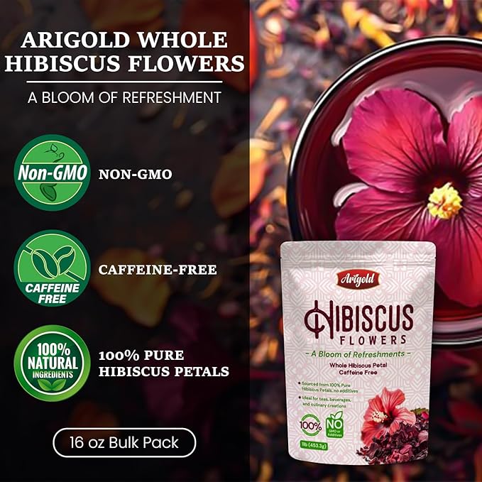 Arigold Pure Whole Petals Hibiscus Tea 1lb ā Organic Dried Hibiscus Flowers,Flor de Jamaica, Hibiscus Sabdariffa, Bissap, Sorrel, hibiscus tea loose leaf Herbal Tea for Agua Fresca, Cocktails, Iced Tea & Hot Tea | Caffeine-Free & Rich in Antioxidants.