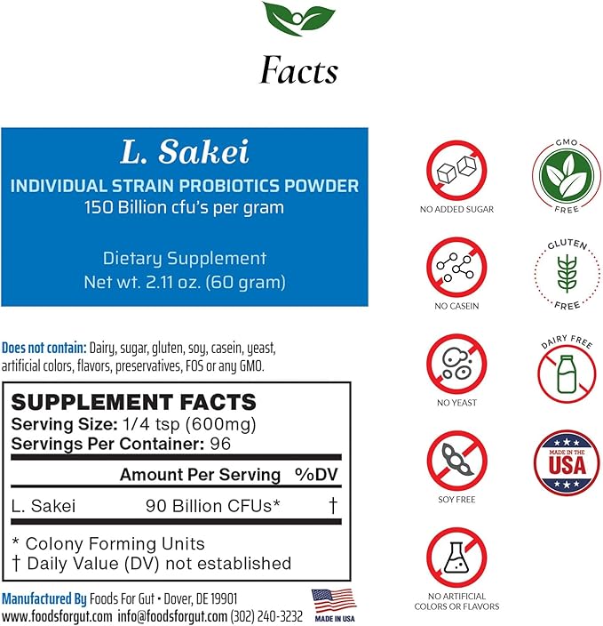 Lactobacillus Sakei Probiotic Powder 150 Billion cfu's | Made in USA | No Additives | Sinus and Sinusitis Relief | High Potency | L. Sakei | 60 Grams (2.11 Oz)