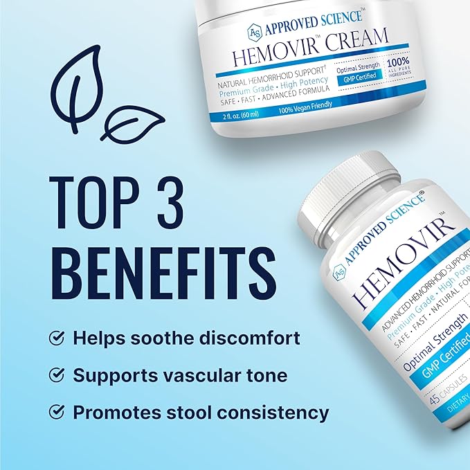 Approved Science Hemovir - Hemorrhoid Capsules and Cream - Dual-Action Stops Itching and Optimizes Blood Flow - Internal and External Care - 45 Capsules + 2 Fl Oz - Vegan - Non GMO - Made in The USA