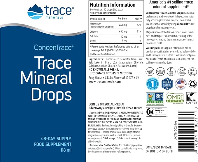 Trace Minerals ConcenTrace Trace Mineral Drops - Liquid Supplement for Bone & Joint Support - Aids Hydration & Electrolyte Restoration - Unflavored-Original, 4 fl oz (48 Servings)