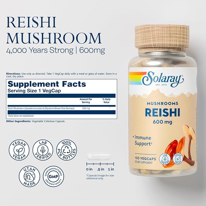 SOLARAY Reishi Mushroom 600mg - Reishi Mushroom Capsules for Immune Support - Vegan, Lab Verified - 60-Day Money-Back Guarantee - 100 Servings, 100 VegCaps