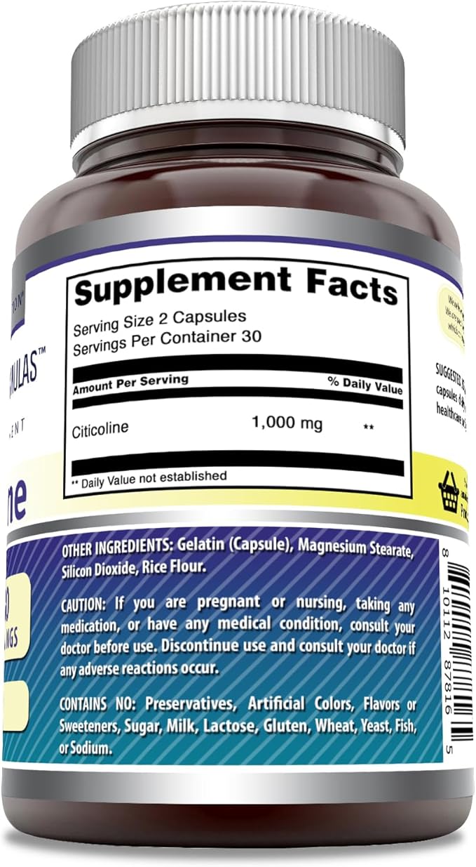 Amazing Formulas Citicoline Supplement | 1000 Mg Per Serving | Capsules | Non-GMO | Gluten-Free | Made in USA (1 Pack, 60 Count)