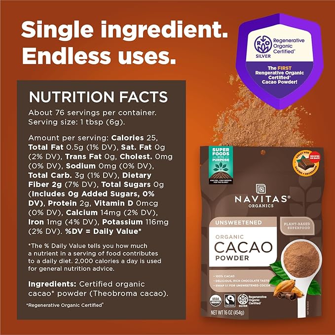 Navitas Organics Cacao Powder - Cocoa Powder Substitute 1:1, For Hot Chocolate, Baking & More - Regenerative Organic Certified, Non GMO, Fairtrade, Gluten Free, Non-alkalized (16oz. Bag, Pack of 2)
