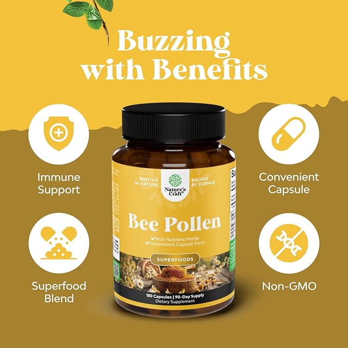 Bee Pollen Pills for Breast Growth 180 Ct - Bee Pollen Supplement 1000mg Serving with Naturally Occurring B Vitamins Minerals & Enzymes - Breast Support Supplement - Vegetarian, Non-GMO & Gluten Free