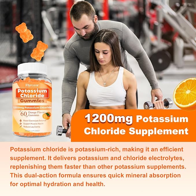 Potassium Gummies, Potassium Chloride 1200mg for Adults, Sugar-Free Potassium Supplement Gummies Support Electrolyte Balance & Leg Cramps for Women & Men, Orange Flavor, Vegan, 60 Count