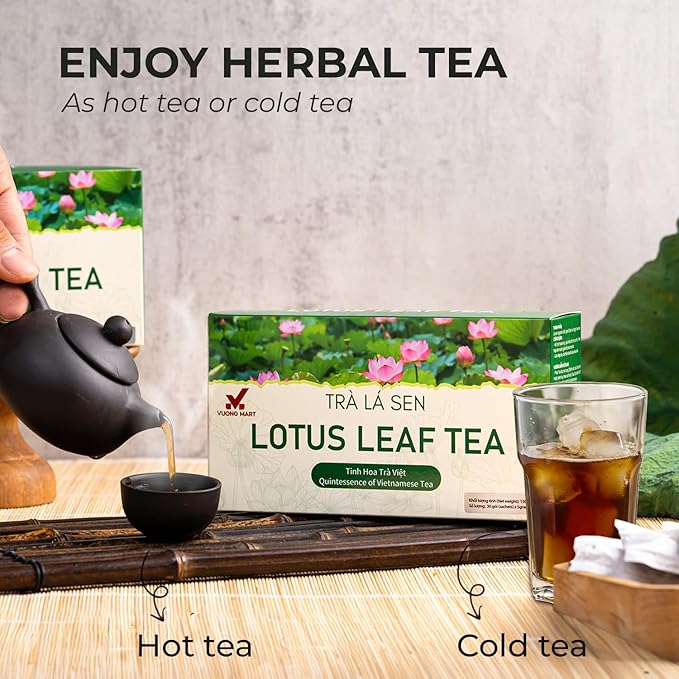 VUONGMART Dried Lotus Leaf Tea, 100% Hand Pick, Stevia, Jiaogulan, Jasmine, Organic Herbal Tea, 30 Tea Bags, Gluten Free, Dairy Free, Sugar Free & Natural, Energy Boost & Health Support