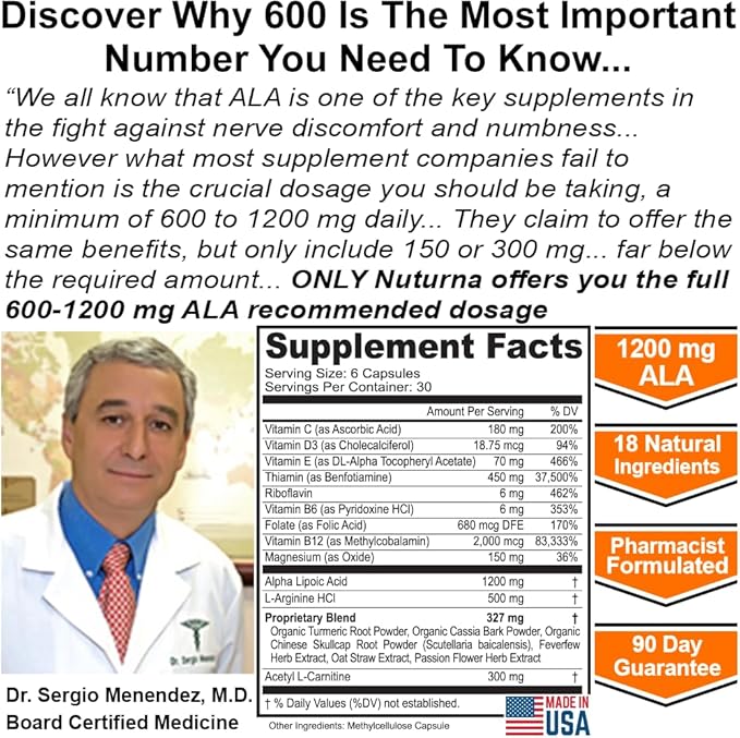 Neuropathy Support Supplement with 1200 mg Pure Alpha Lipoic Acid - Maximum Strength Nerve Formula to Fortify Nerves in Fingers, Hands, Toes, & Feet - Best Natural Nerve Relief Support - 180 Capsules