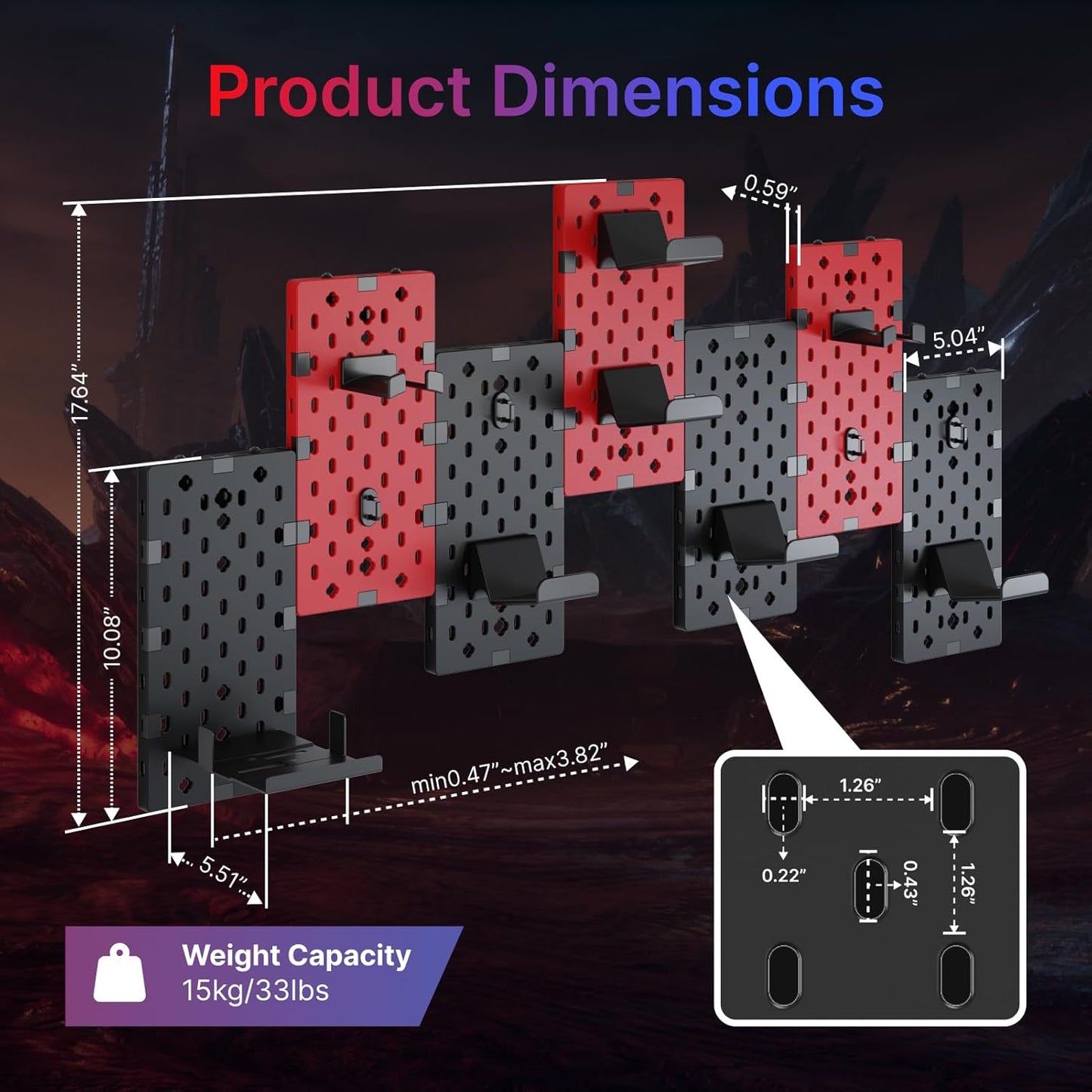 PEGZONE Controller and Headphone Holder Wall Mount, Modular Gaming Pegboard with Accessories, Controller Stand for Xbox PS5 PS4 Switch, Video Game Storage, Disc Shelf, 7pcs Pegboard, Black & Red