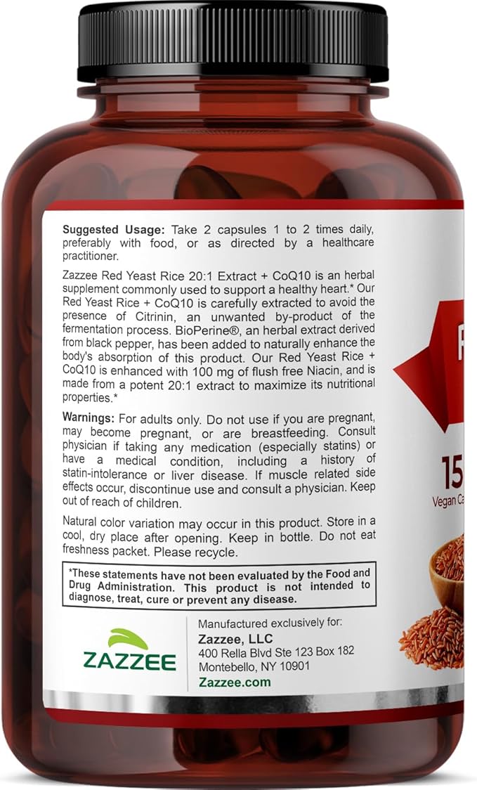 Extra Strength Red Yeast Rice with CoQ10 - 20X Concentrated 1200mg Red Yeast Rice Supplement with Niacin CoQ 10 and BioPerine for Enhanced Absorption - Non-GMO Vegan & ISO Lab Tested (75 Servings)