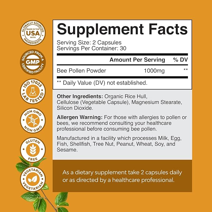Bee Pollen Pills for Breast Growth 60 Ct - Bee Pollen Supplement 1000mg Serving with Naturally Occurring B Vitamins Minerals & Enzymes - Breast Support Supplement - Vegetarian, Non-GMO & Gluten Free