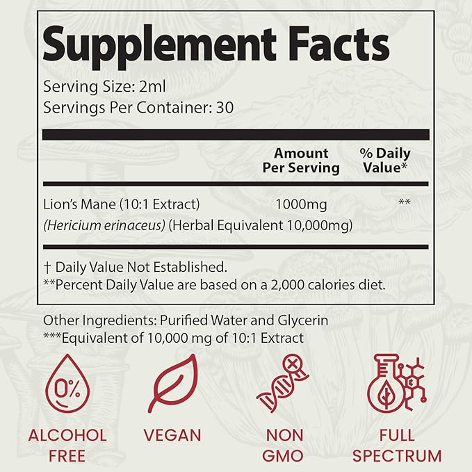 Auri Lion’s Mane Liquid Elixir - Brain Supplements for Memory and Focus with Functional Mushrooms - Lions Mane Supplement - Full Spectrum Lion's Mane Extract - No GMO, Vegan Mushroom Tincture