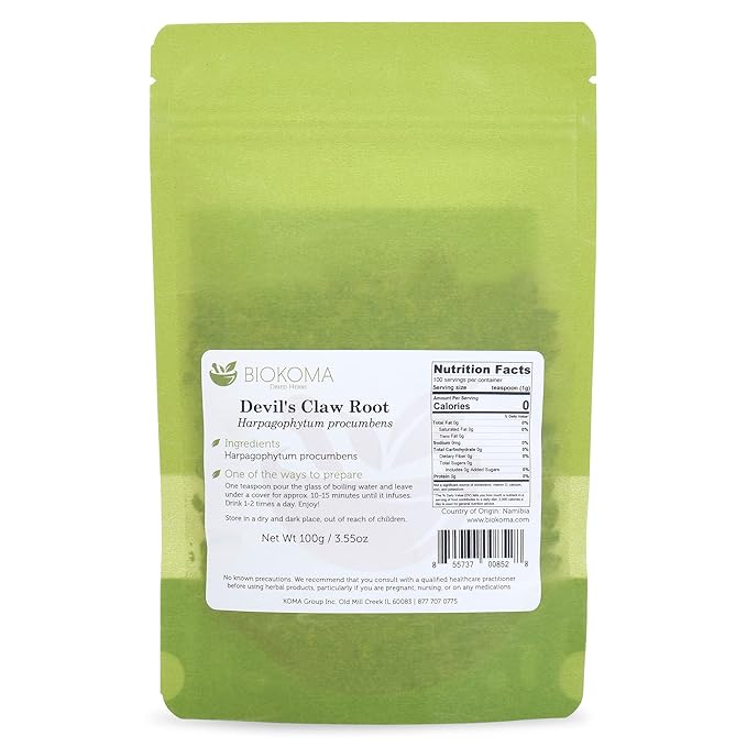 Biokoma Pure and Natural Devil's Claw Root Dried Cut 100g (3.55oz) in Resealable Moisture Proof Pouch - Herbal Tea, No Additives, No Preservatives, Kosher