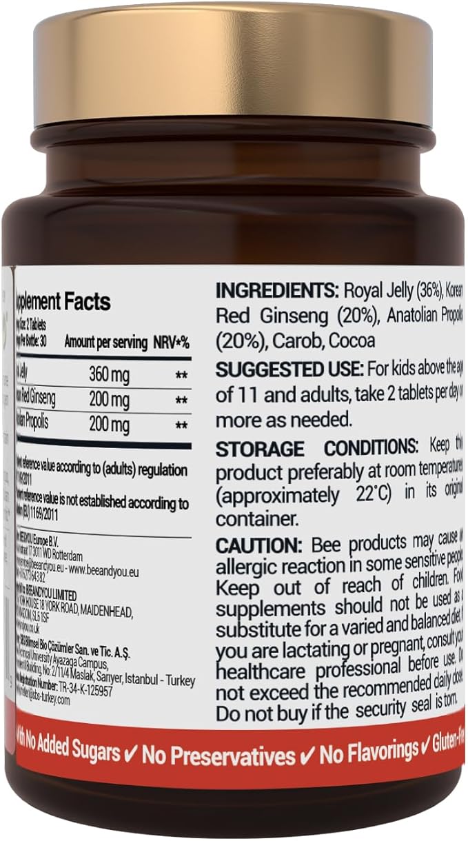 Bee and You Royal Jelly with Ginseng Tablet, Propolis Extract, 60ct, 100% Natural Superfood, Ultra Pure, Immune Support Supplement, Antioxidants, Keto, Paleo, Gluten-Free