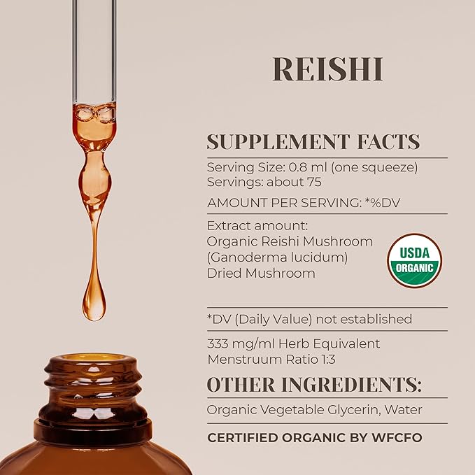 Reishi USDA Organic Alcohol-Free Extract | Dietary Supplement, High-Potency Tincture | Natural Certified Organic Reishi Mushroom (Ganoderma Lucidum) (2 oz)