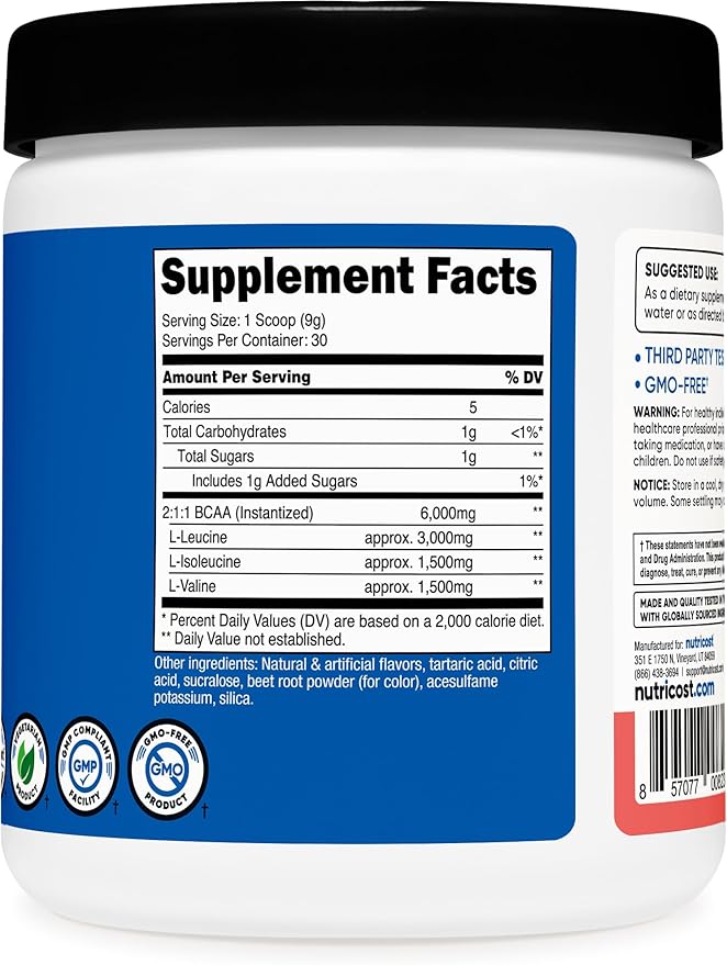 Nutricost BCAA Powder (Watermelon, 30 Servings) - Optimal 2:1:1 Ratio