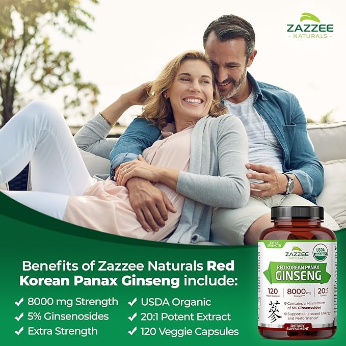Zazzee USDA Organic Red Korean Panax Ginseng 20:1 Extract, 1000 mg, 5% Ginsenosides, 120 Vegan Capsules, Standardized and Concentrated 20X Root Extract, 100% Vegetarian, All-Natural, Made in The USA