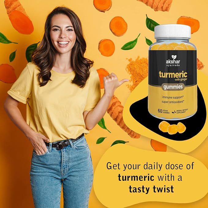 Akshar Ayurveda - Turmeric with Ginger Gummies - Immune Support Turmeric Curcumin Supplements with Ginger Root and Piperine Black Pepper Super Antioxidant - Vegan Cruelty-Free (60 Vegan Gummies)