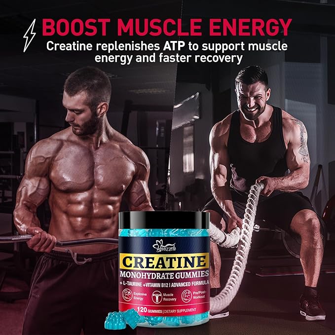 Creatine Monohydrate Gummies for Men & Women, Creatine Supplement, Chewables Creatine Gummy for Energy & Strength Support, Gluten-Free, Blueberry Flavor, 120 Count