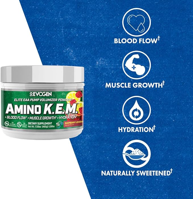 Evogen Amino K.E.M. - EAA & BCAA Powder Pump Volumizer | BCAAs Amino Acids Supplement for Blood Flow, Muscle Growth, & Hydration | Natural Sweetened Raspberry Lemonade | 30 Servings
