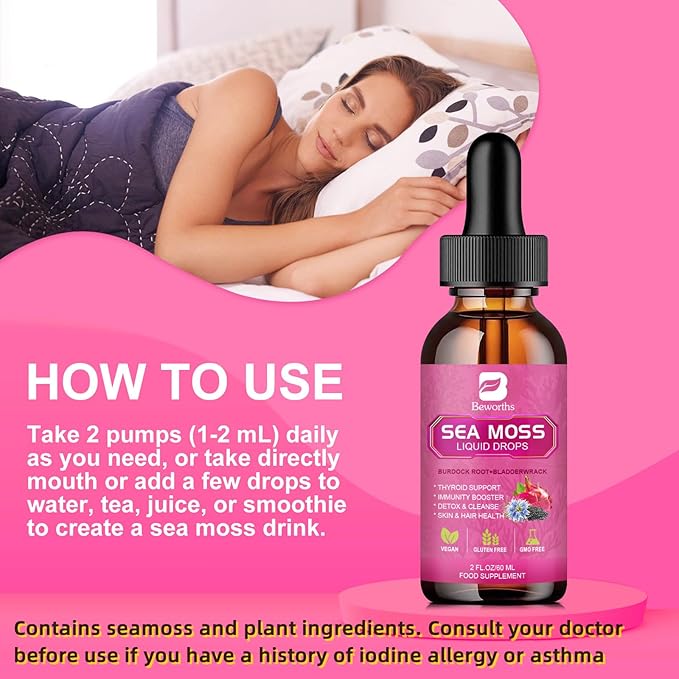 Sea Moss Liquid Drops - Organic Black Seed Oil Irish Sea Moss Gel with Burdock Root, Bladderwrack, Elderberry, Vitamin C, D3, 6X Stronger Seamoss Gel for Digestive, Hair Health - Vegan