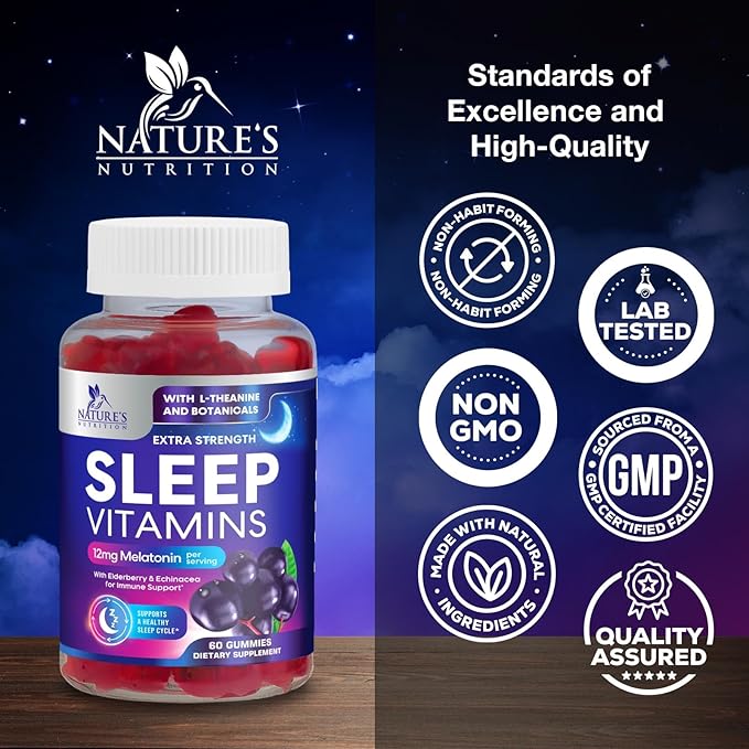 Sleep Gummies with Melatonin 12 mg - Extra Strength Sleep Vitamin Gummy, Natural Melatonin Gummy, Occasional Sleep Support Supplement for Adults, Vegan, Non-GMO, Gomitas para Dormir - 60 Gummies