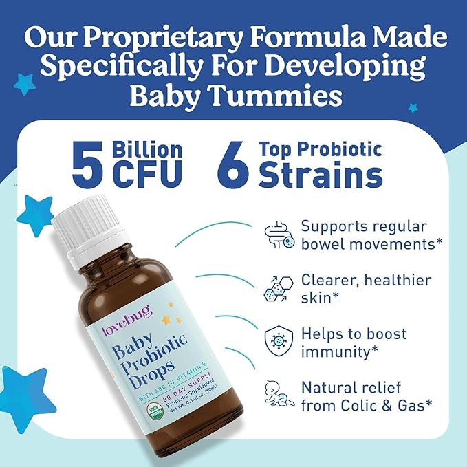 Lovebug Award Winning USDA Organic Probiotic for Infants & Babies | Helps with Colic, Reflux, Diarrhea, Constipation & Gas | Multi-Strain 5 Billion CFU | Liquid Drops | Ages 0-24 Months