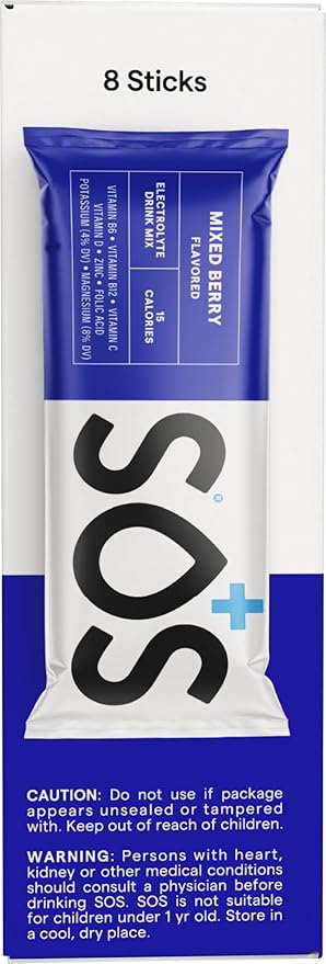 SOS Hydration Electrolyte Powder 8 Stick Packs – Low-Calorie, Rapid Rehydration, Made in USA, Keto (8 Servings, Mixed Berry)