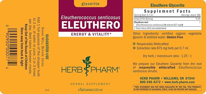 Herb Pharm Eleuthero Root Liquid Glycerite for Energy and Stamina, Alcohol-Free Glycerite, 4 Ounce
