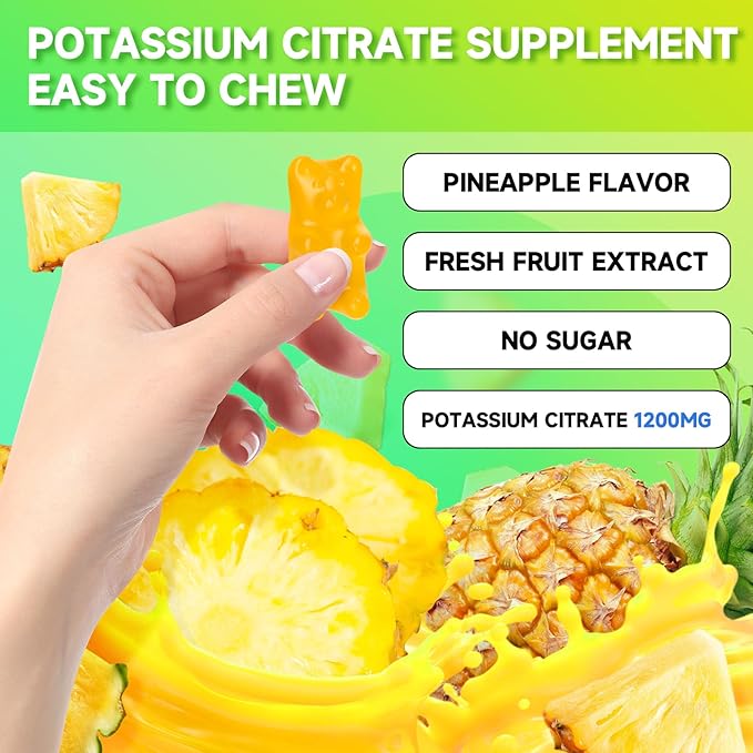 Potassium Citrate Gummies, High Potassium Supplement Gummies 1200mg Support Leg Cramps & Muscle Health, for Adults & Kids, Vegan, Pineapple Flavor 120 Count