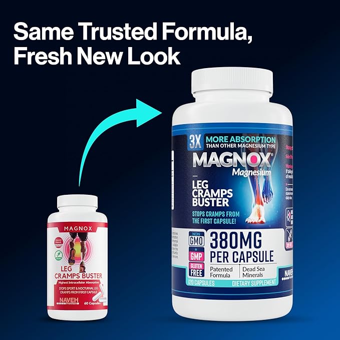 MAGNOX® Leg Cramps Buster | 380mg Magnesium for Leg Cramps at Night | Magnesium Supplement for Muscle Spasms | 3X More Absorption | Dead Sea Minerals | Sleep & Muscle | 120 Caps