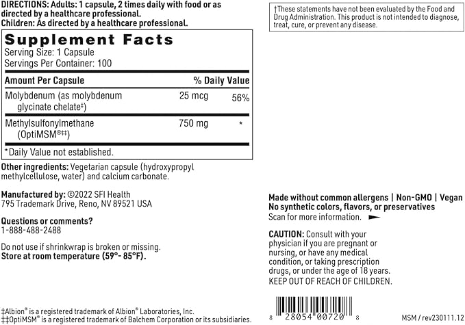 Klaire Labs SFI Health MSM 750 - Clinically Tested to Support Joint Comfort & Structure, Methylsulfonylmethane as OptiMSM (100 Capsules)