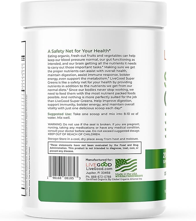 LiveGood Super Greens Powder Organic Superfood with Wheat Grass Powder, Daily Superfood Powder for Immune Support, Energy and Detox, Green Juice Powder Supplement (30 Servings), 12.38 Oz