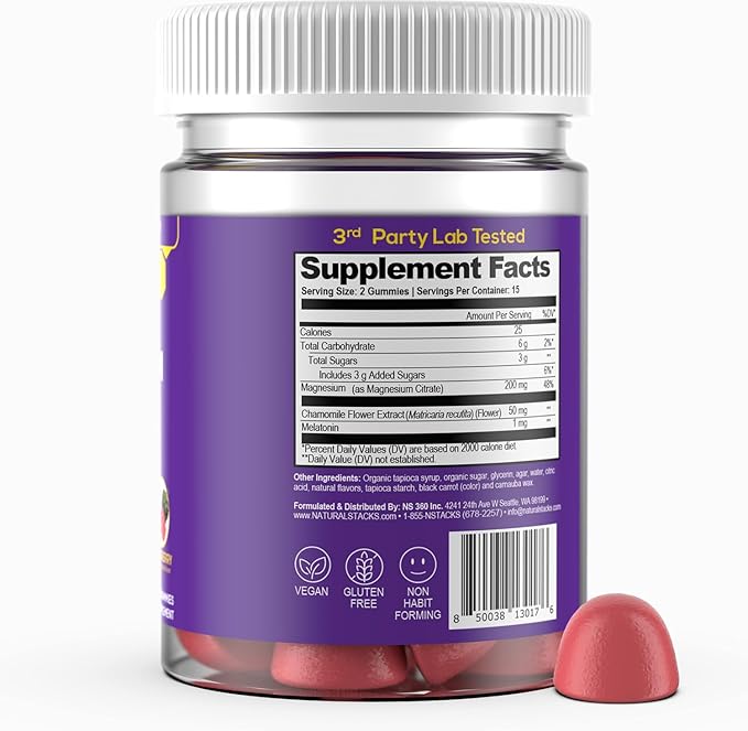 Sleep Magnesium Gummies with Melatonin - 200mg Magnesium Citrate - Melatonin Gummies for Sleep Quality - Nighttime Aid for Adults with Chamomile - 30 Mixed Berry Chewables