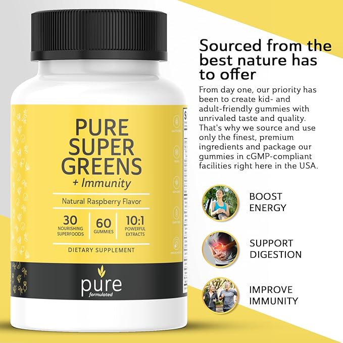 Super Greens Multivitamin Gummies for Kids - Adult Immune Support Gummies - 30 Superfoods Vegan Supplements - Natural Raspberry Flavor (60 Count)