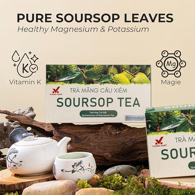 VUONGMART Dried Soursop Leaf Tea, 100% Pure & Hand Pick, Organic Herbal Tea, 30 Count, Gluten Free, Dairy Free, No Sugar Added, Energy Boost & Health Support