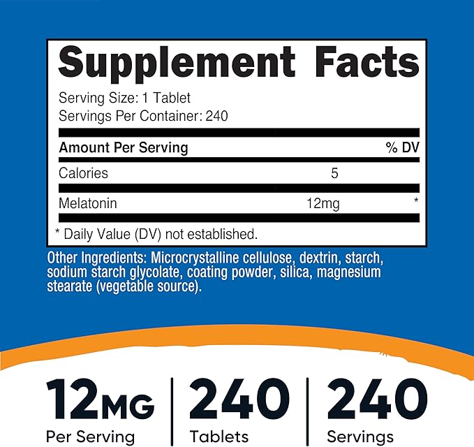 Nutricost Melatonin 12mg, 240 Tablets - 12mg Per Serving, Non-GMO, Gluten Free