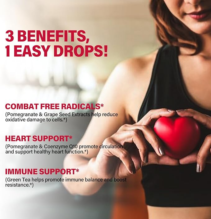 Pomegranate Extract Supplement Drops for Heart and Immune Support, 5-in-1 Fast Absorbing Herbal Supplements with Red Sage Coenzyme Q10 Green Tea. 2 oz