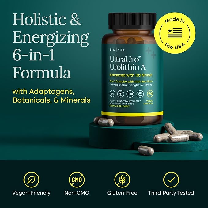 Anti-Aging Urolithin-A Complex with Shilajit, Organic Sea Moss, Ashwagandha, Tongkat Ali - Cellular Energy, Focus, Vitality, Hormonal & Mitochondria Support - Vegan Longevity Supplement (90 Capsules)