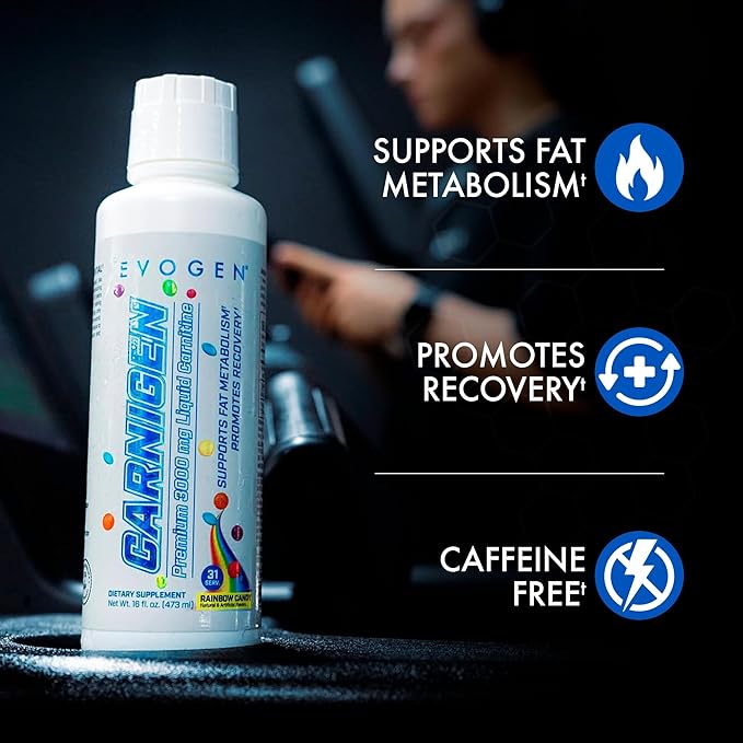 Evogen Carnigen Premium L Carnitine Liquid – L Carnitine 3000 Supplement | L Carnitine Supplement for Fat Metabolism & Recovery | Acetyl L-Carnitine | Caffeine Free | Rainbow Candy | 31 Servings
