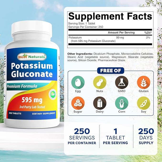 Best Naturals Potassium Gluconate 595 mg 250 Tablets (250 Count (Pack of 3))