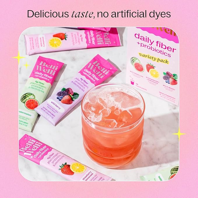 Daily Fiber Supplement Packets with Collagen, Probiotics & Electrolytes | Single Serve Packets for Gut Health, Digestion & Debloating | Variety | 10 Count
