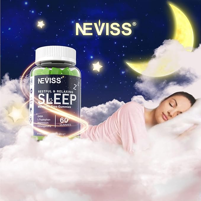 NEVISS Melatonin Free Sleep Aid Gummies for Adults - Magnesium Glycinate Gummies | GABA, L-Tryptophan, Magnesium, Ashwagandha - Non-Habit Forming, Help for Deep Relaxation - Vegan, Lemon Flavor, 1Pack