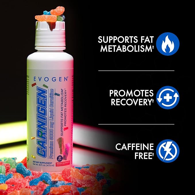 Evogen Carnigen Premium L Carnitine Liquid – L Carnitine 3000 Supplement | L Carnitine Supplement for Fat Metabolism & Recovery | Acetyl L-Carnitine | Caffeine Free | Sour Gummies | 31 Servings