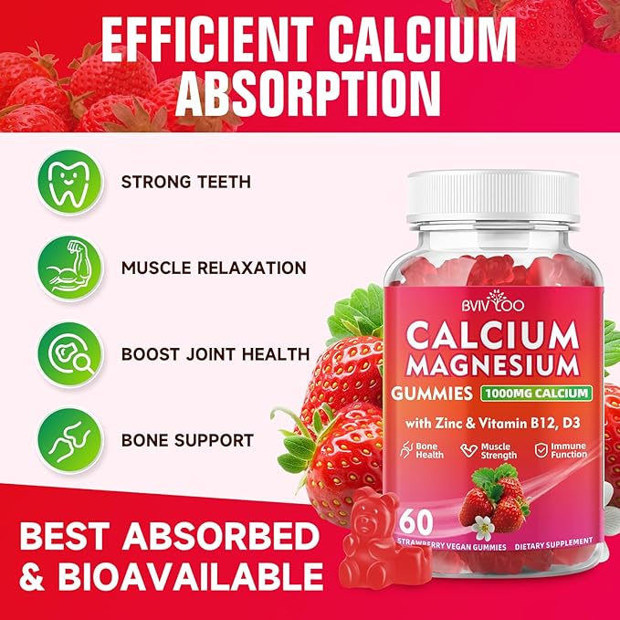 Calcium Gummies 1000mg with Vitamin D3 K2 & B Complex, Potassium, Calcium Magnesium Zinc Gummies for Bone, Muscle, Mood and Immunity - Vegan, Non-GMO, Strawberry Flavor 120 Count