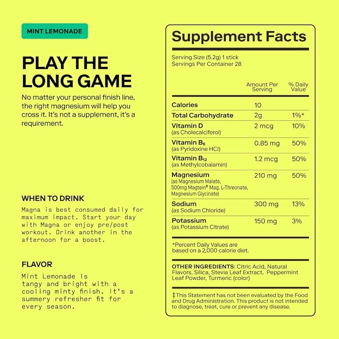 MAGNA Electrolyte Powder Drink Mix for Hydration, Energy & Focus Support with Magnesium L Threonate, Malate & Glycinate, Sodium, Potassium, Vitamin D, B6 & B12, Lemon Lime Flavor, 14 Servings