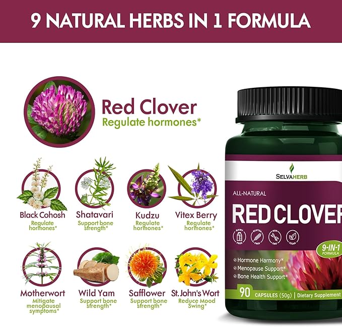 Red Clover Herb Extract Capsules for Women, Menopause Relief Supplements with Black Cohosh Wild Yam Natural Extract. 90 Count