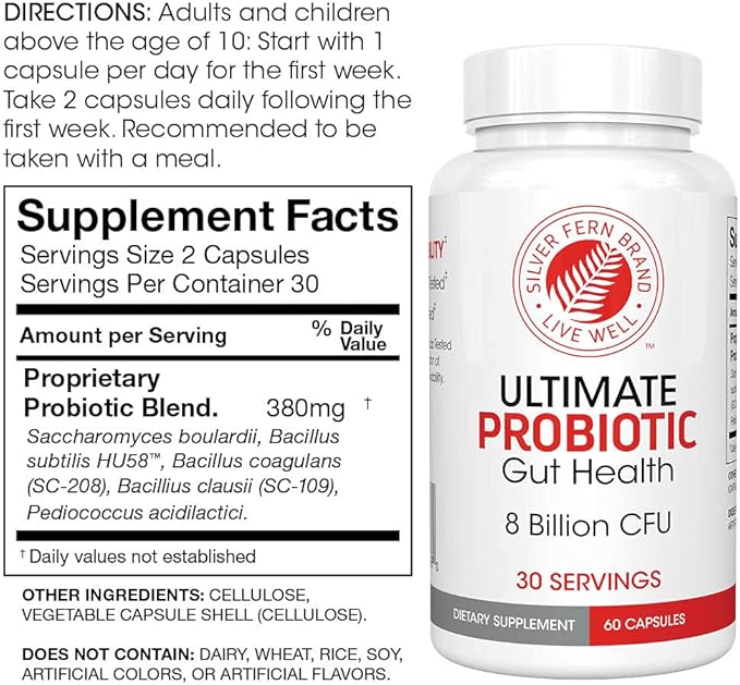 Silver Fern Brand Gut Health Tune Up Kit - Multi Function Ultimate Probiotic (1 Bottle - 60 Capsules) & Digestive Enzyme (1 Bottle = 90 Capsules) Helps Digestive Health, Mood, Reduce Cravings