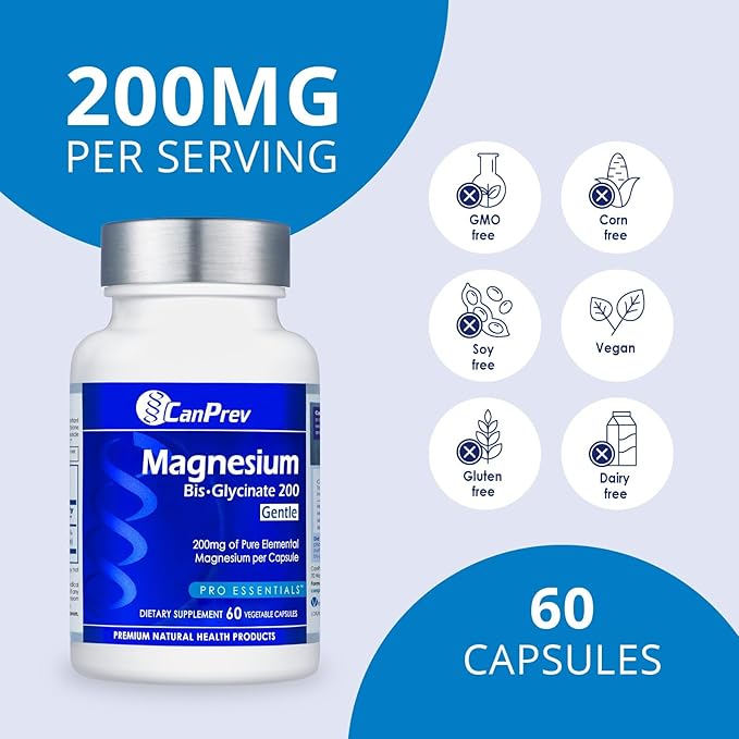 CanPrev Magnesium BisGlycinate 200mg Gentle 60 Veg Caps, 60-Day Supply, Chelated Magnesium Supplement for Bone & Muscle Support, Easy to Digest, Promote Relaxation & Comfort, Vegan, Non-GMO, No Sugar