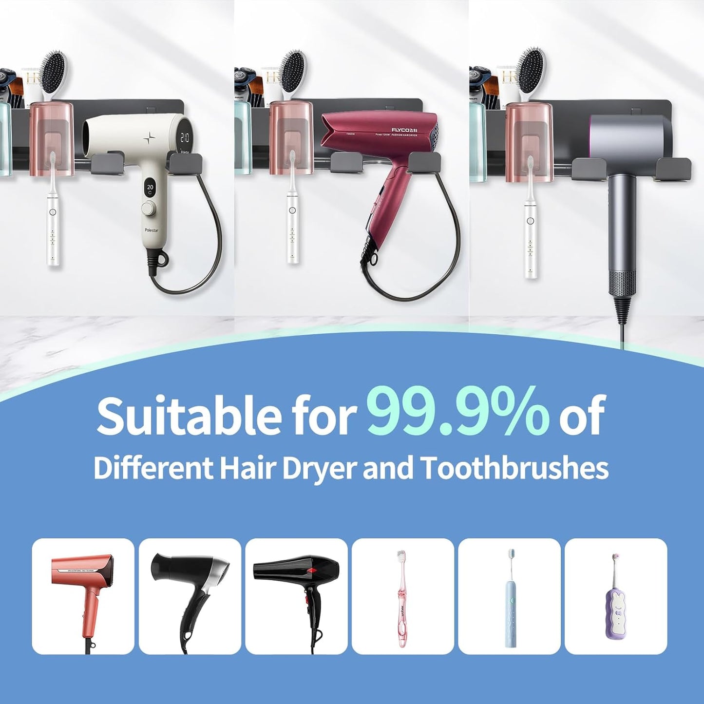 Hair Dryer Holder Wall Mounted Adhesive/Drilling,Hair Dryer Storage Organizer with 2 Toothbrush Holders,2 Toothbrush Cups,2 Storage Boxes for Bathroom,Blow Dryer Holder,Hair Tool Organizer,Dark Gray