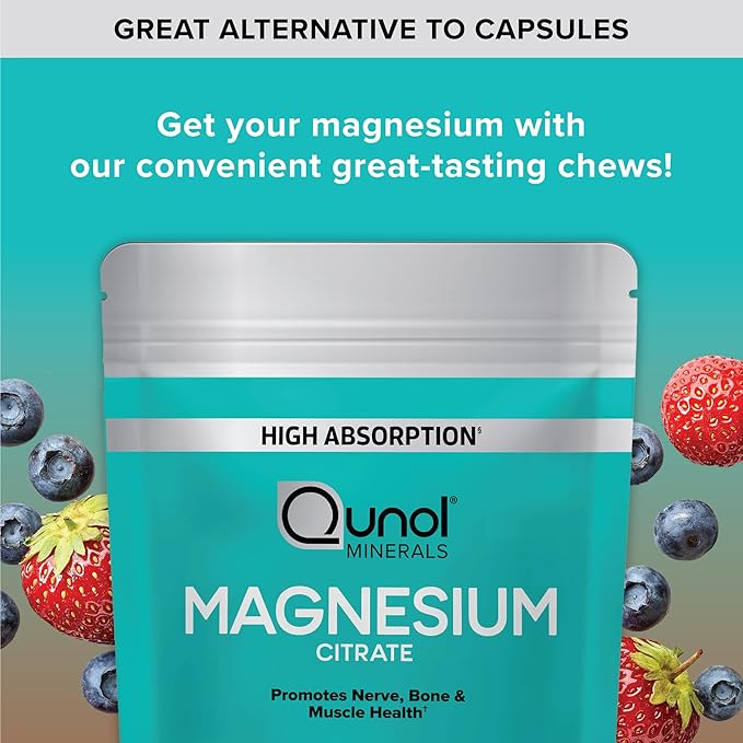 Qunol Magnesium Citrate Soft Chews, 350mg Extra Strength Magnesium Supplement, High Absorption to Support Nerve, Bone and Muscle Health, 90 Count